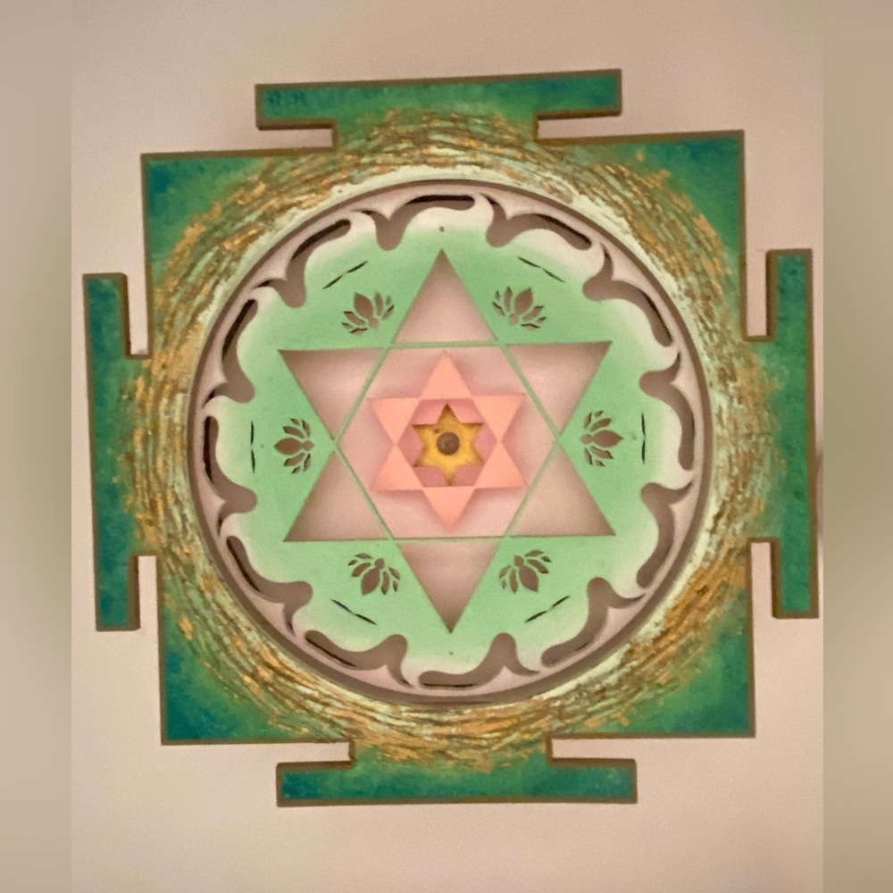 🌸 MOVING SALE 🌸 Geometric Mandala Wooden Wall Art in Green and Pink, Yoga studio